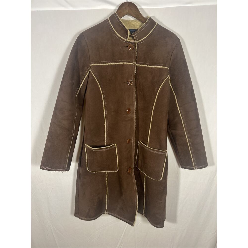 Boden Faux Shearling Coat Women’s Brown Button Front Lined Jacket Sz 16